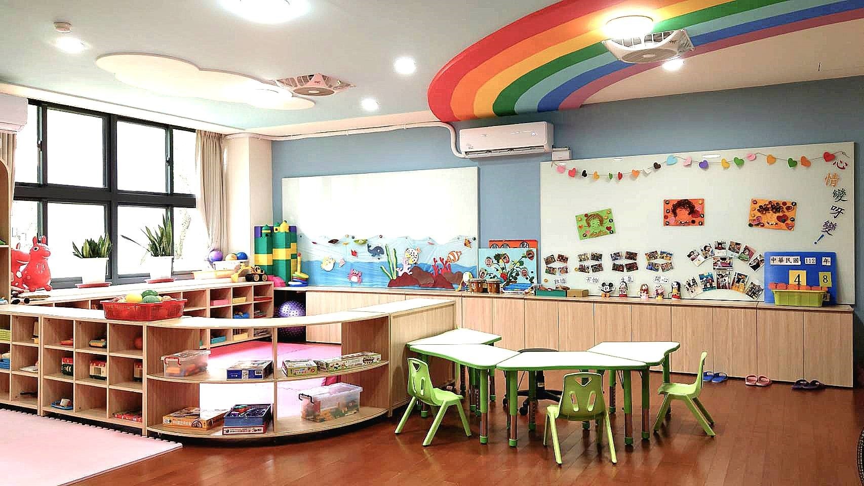 教室天花板美感明亮設計-藍天白雲及彩虹（彰化特教）